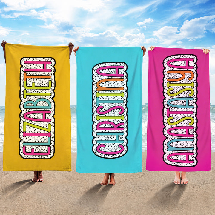 Personalized Multicolor Dalmatian Beach Towel Custom Rainbow Name Summer Vacations Bridesmaid Parties Gift for Her