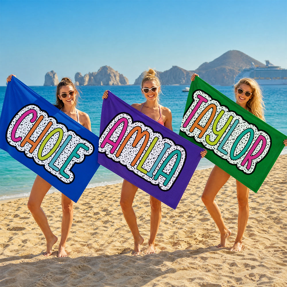 Personalized Multicolor Dalmatian Beach Towel Custom Rainbow Name Summer Vacations Bridesmaid Parties Gift for Her