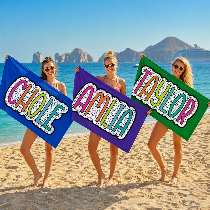 Personalized Multicolor Dalmatian Beach Towel Custom Rainbow Name Summer Vacations Bridesmaid Parties Gift for Her