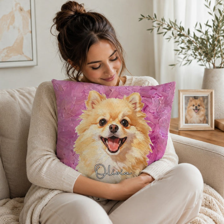 Personalized Double-Sided Oil Painting Style Pet Photo Pillow Custom Name Birthday Gift for Pet Owners Dog Cat Lovers
