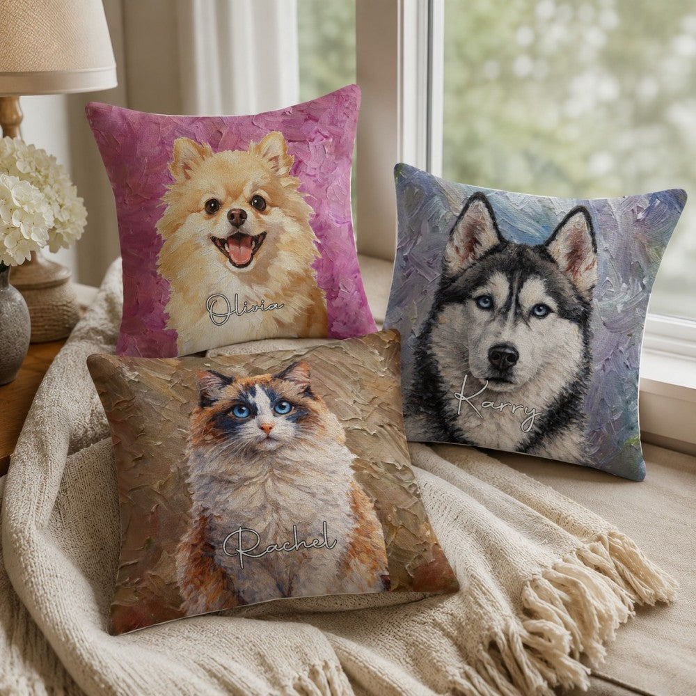 Personalized Double-Sided Oil Painting Style Pet Photo Pillow Custom Name Birthday Gift for Pet Owners Dog Cat Lovers