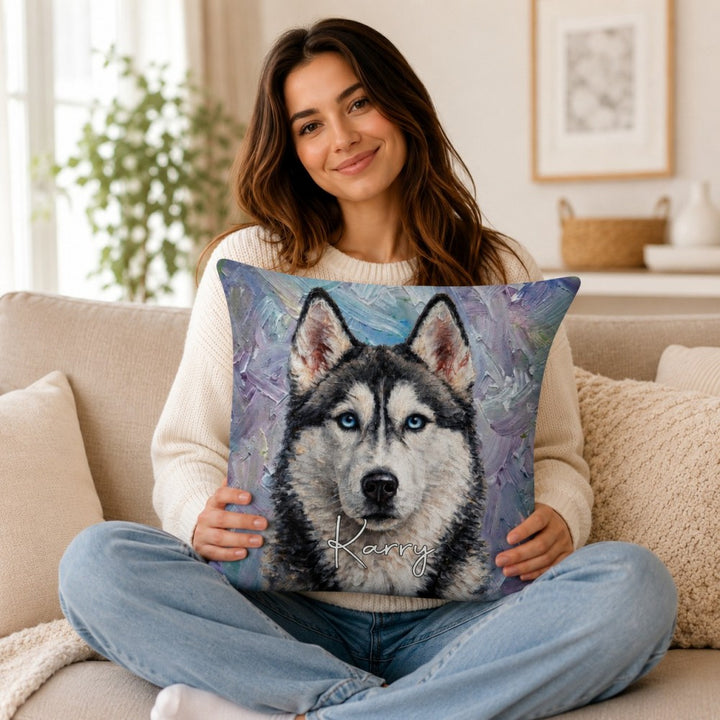 Personalized Double-Sided Oil Painting Style Pet Photo Pillow Custom Name Birthday Gift for Pet Owners Dog Cat Lovers