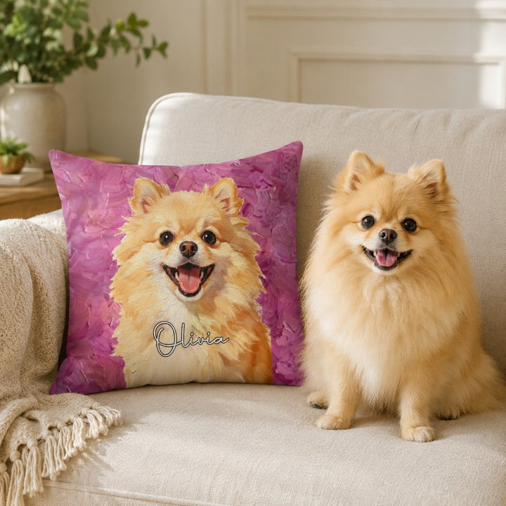 Personalized Double-Sided Oil Painting Style Pet Photo Pillow Custom Name Birthday Gift for Pet Owners Dog Cat Lovers