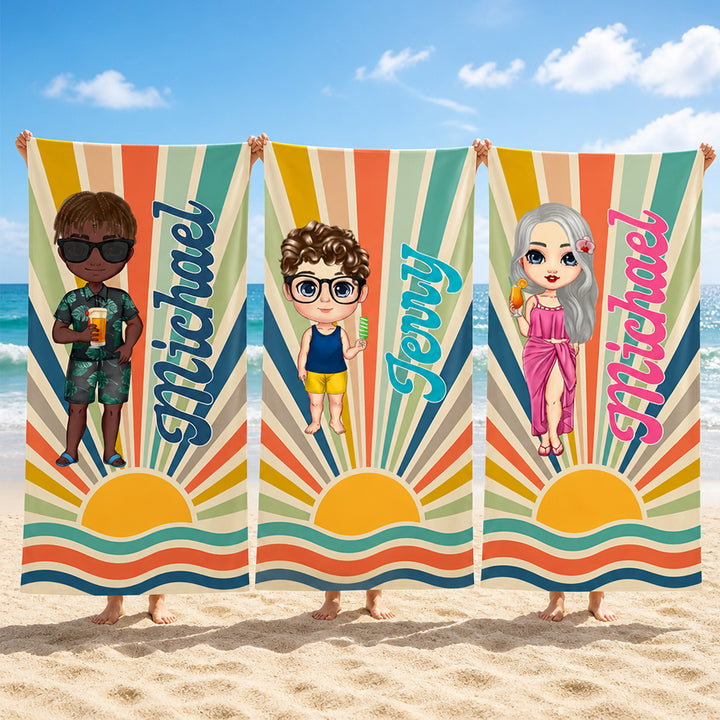 Personalized Retro Sun Rays Cartoon Character Beach Towel Custom Name Summer Holiday Birthday Gift for Family