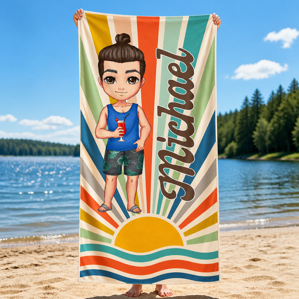 Personalized Retro Sun Rays Cartoon Character Beach Towel Custom Name Summer Holiday Birthday Gift for Family