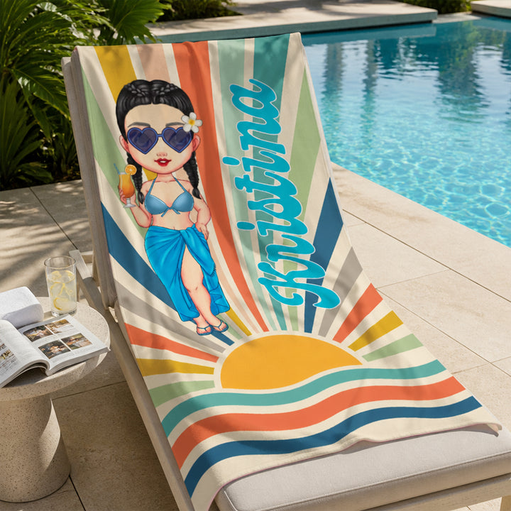 Personalized Retro Sun Rays Cartoon Character Beach Towel Custom Name Summer Holiday Birthday Gift for Family