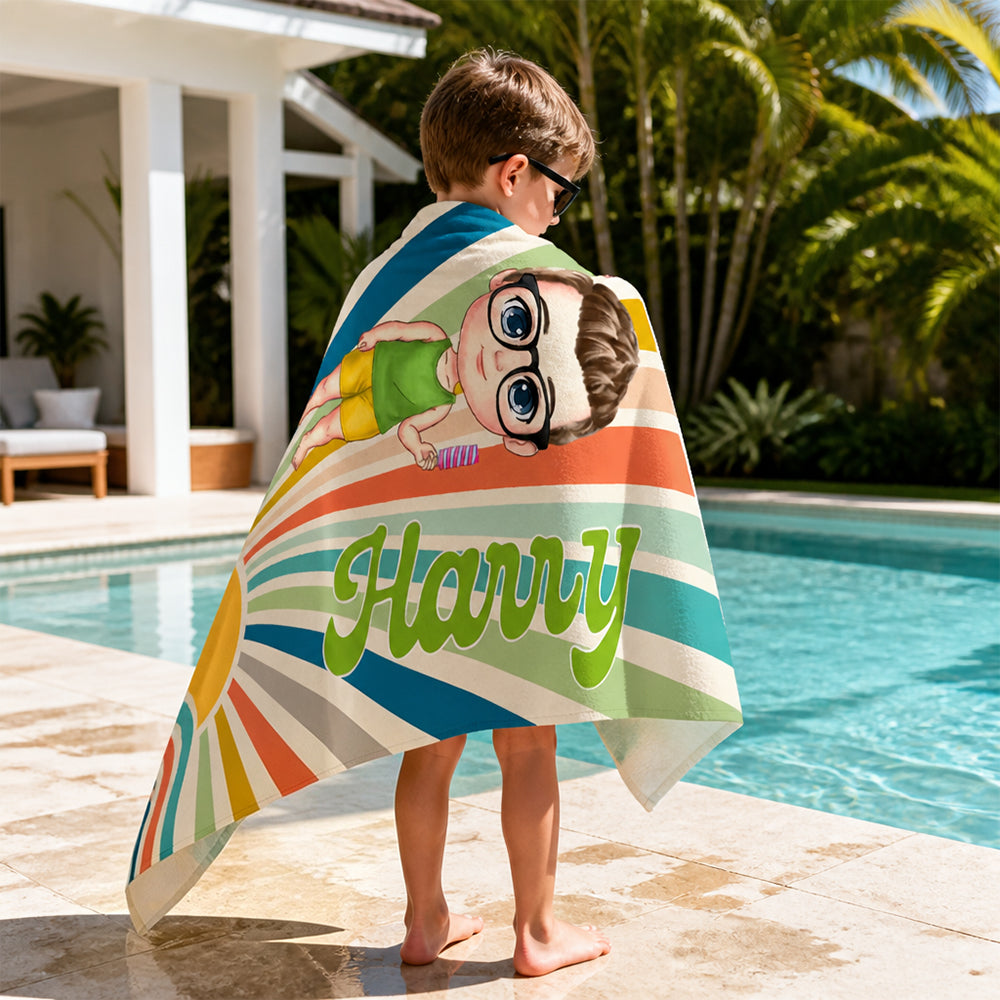 Personalized Retro Sun Rays Cartoon Character Beach Towel Custom Name Summer Holiday Birthday Gift for Family