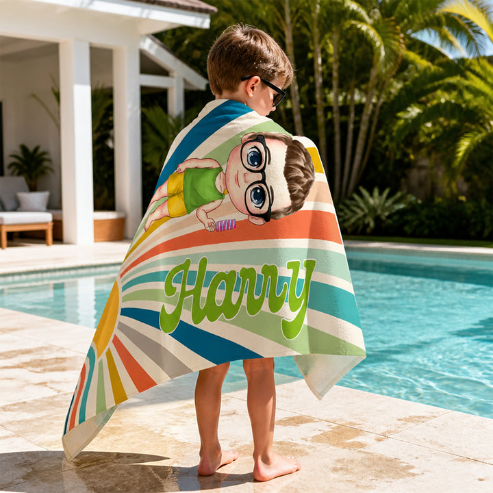 Personalized Retro Sun Rays Cartoon Character Beach Towel Custom Name Summer Holiday Birthday Gift for Family