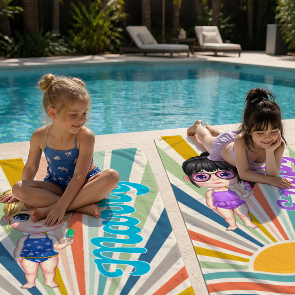 Personalized Retro Sun Rays Cartoon Character Beach Towel Custom Name Summer Holiday Birthday Gift for Family