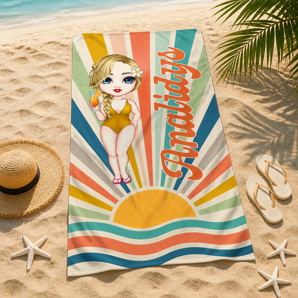 Personalized Retro Sun Rays Cartoon Character Beach Towel Custom Name Summer Holiday Birthday Gift for Family