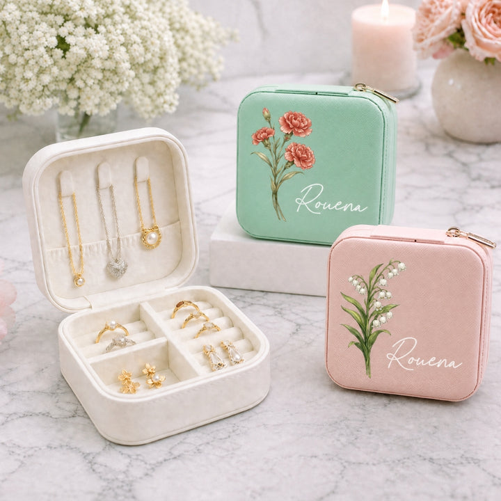 Personalized Travel Jewelry Box Birthday Flowers Bridesmaid Custom Name Jewelry Box Birthday Gift