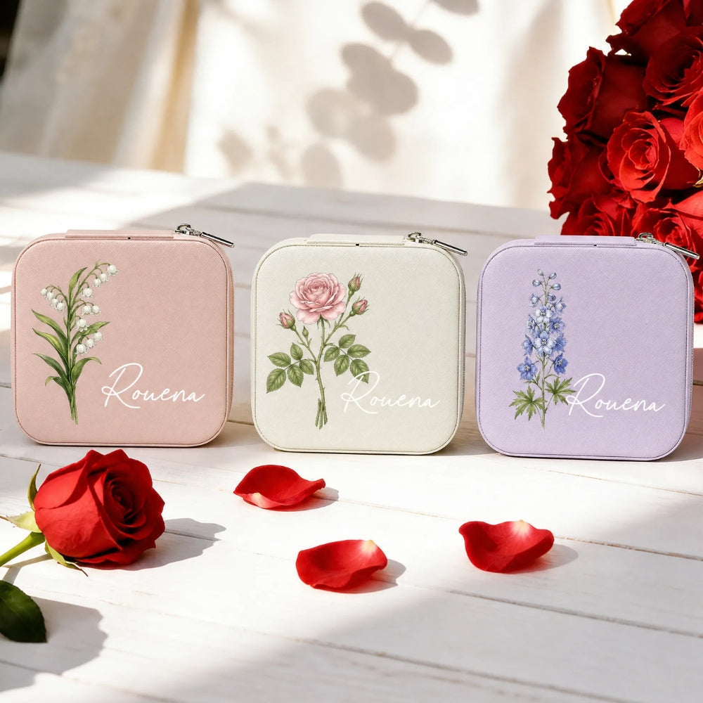 Personalized Travel Jewelry Box Birthday Flowers Bridesmaid Custom Name Jewelry Box Birthday Gift