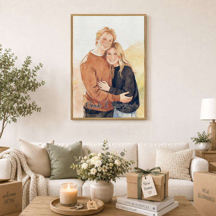 Personalized Watercolor Portrait Canvas Print Custom Photo Text Couple Pet Family Birthday Anniversary Gift Wall Art