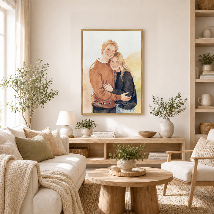 Personalized Watercolor Portrait Canvas Print Custom Photo Text Couple Pet Family Birthday Anniversary Gift Wall Art