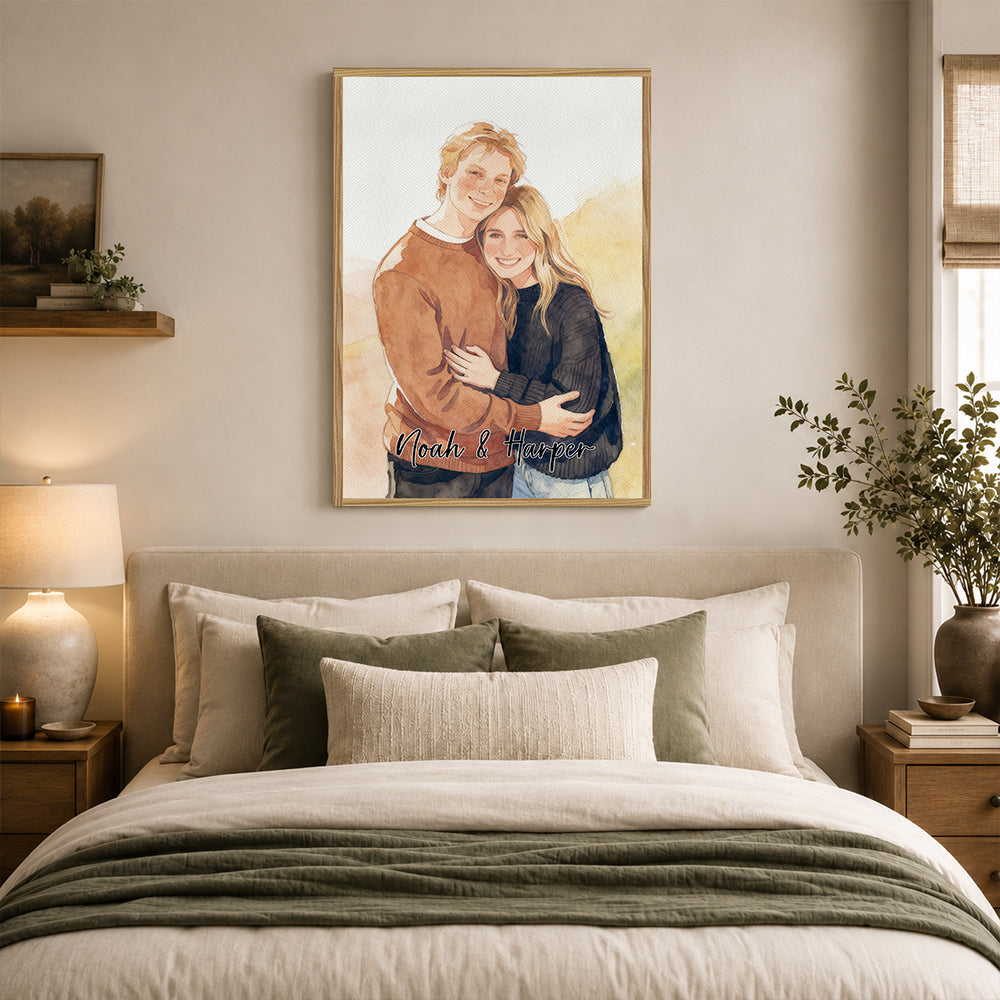 Personalized Watercolor Portrait Canvas Print Custom Photo Text Couple Pet Family Birthday Anniversary Gift Wall Art