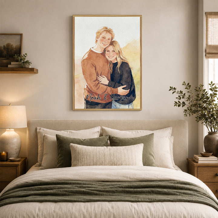 Personalized Watercolor Portrait Canvas Print Custom Photo Text Couple Pet Family Birthday Anniversary Gift Wall Art