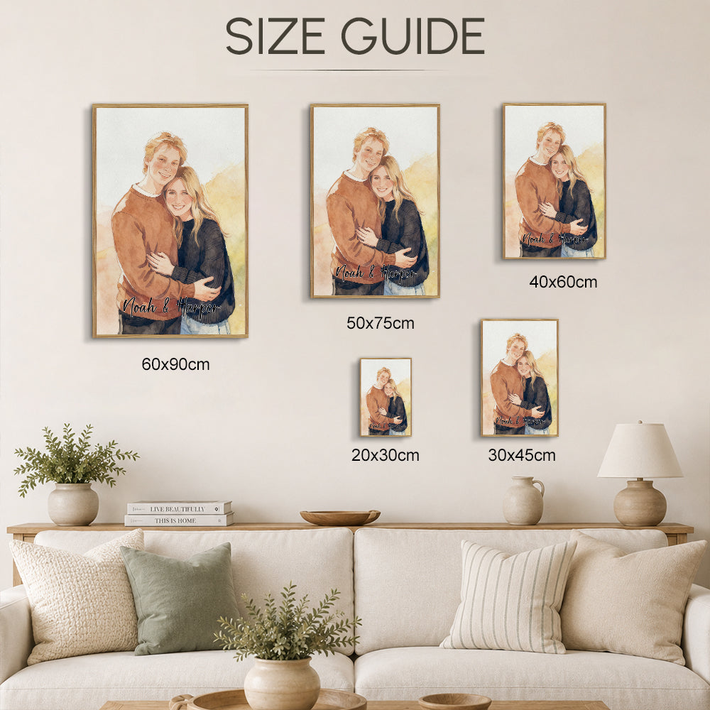Personalized Watercolor Portrait Canvas Print Custom Photo Text Couple Pet Family Birthday Anniversary Gift Wall Art