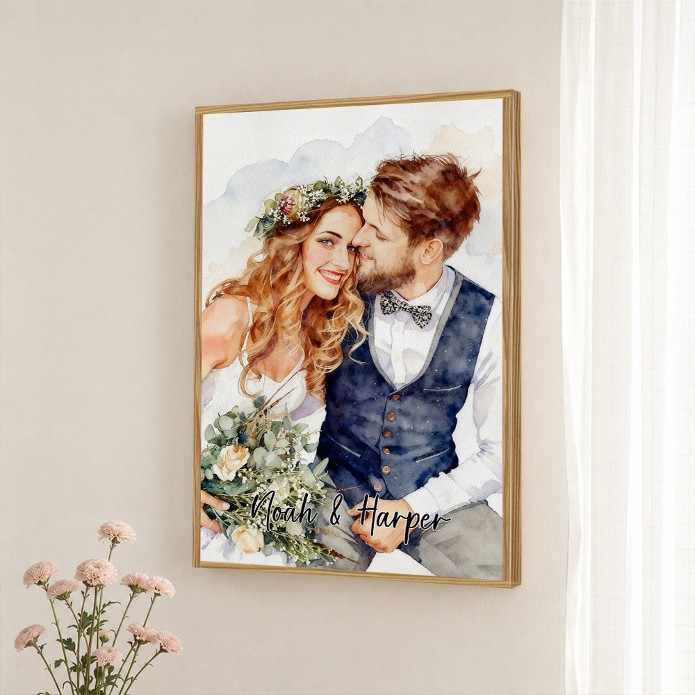 Personalized Watercolor Portrait Canvas Print Custom Photo Text Couple Pet Family Birthday Anniversary Gift Wall Art