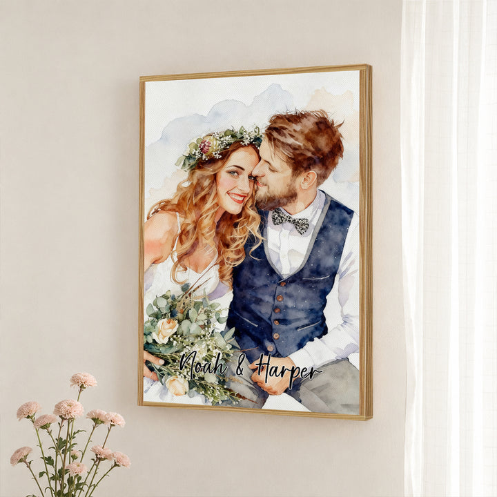 Personalized Watercolor Portrait Canvas Print Custom Photo Text Couple Pet Family Birthday Anniversary Gift Wall Art