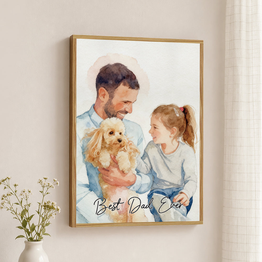 Personalized Watercolor Portrait Canvas Print Custom Photo Text Couple Pet Family Birthday Anniversary Gift Wall Art