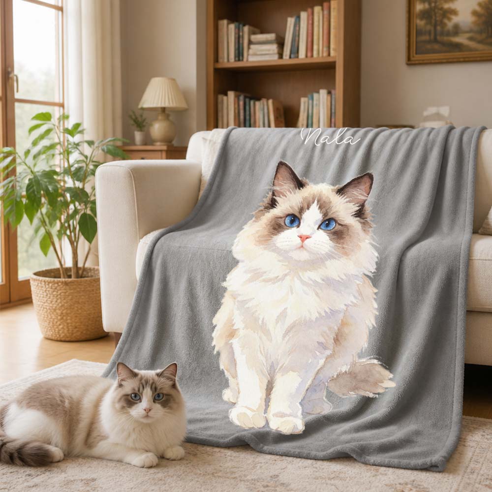 Personalized Watercolor Style Pet Portrait Flannel Blanket Featuring Dog Cat Photo Custom Name Pet Memorial Gift for Pet Owners Lovers