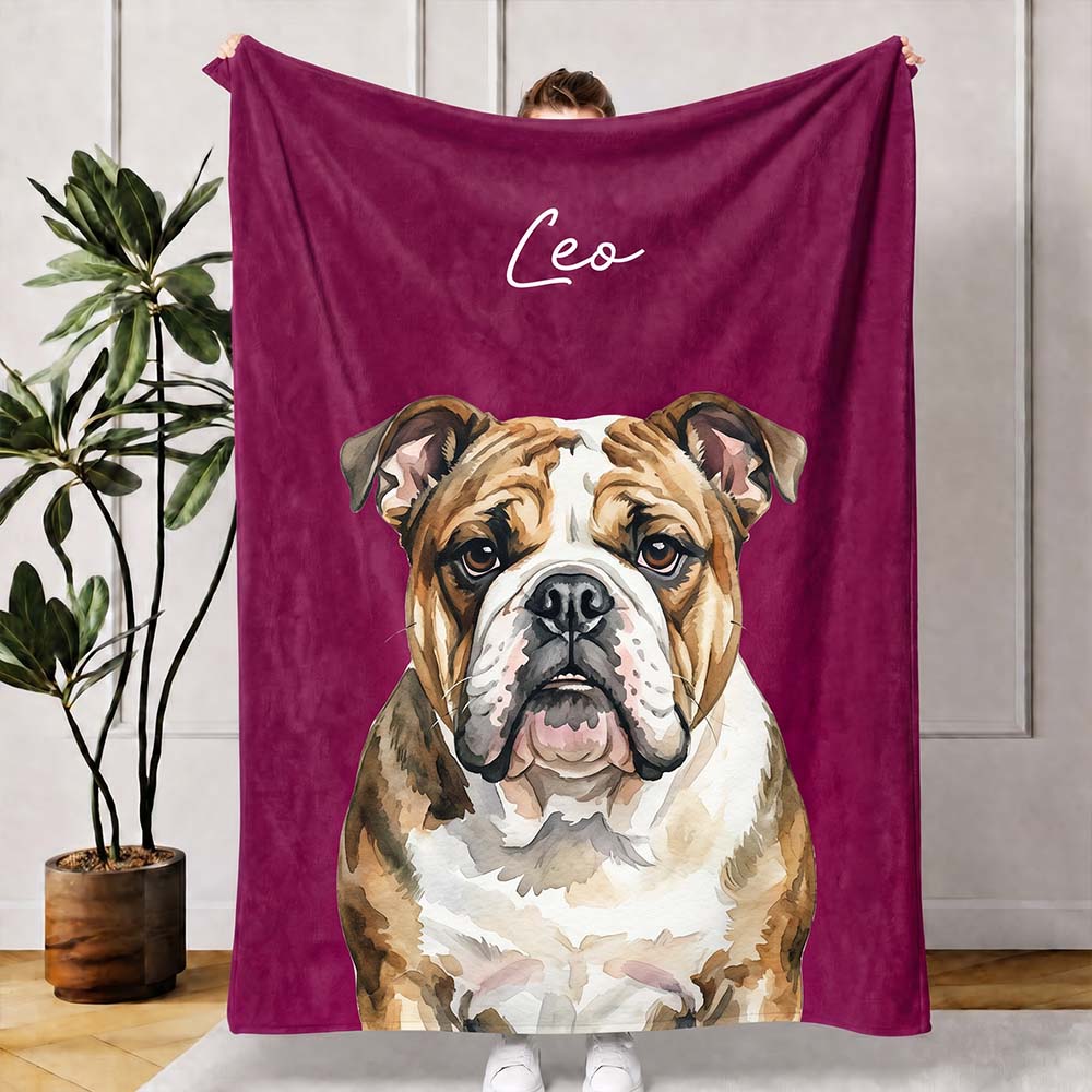 Personalized Watercolor Style Pet Portrait Flannel Blanket Featuring Dog Cat Photo Custom Name Pet Memorial Gift for Pet Owners Lovers