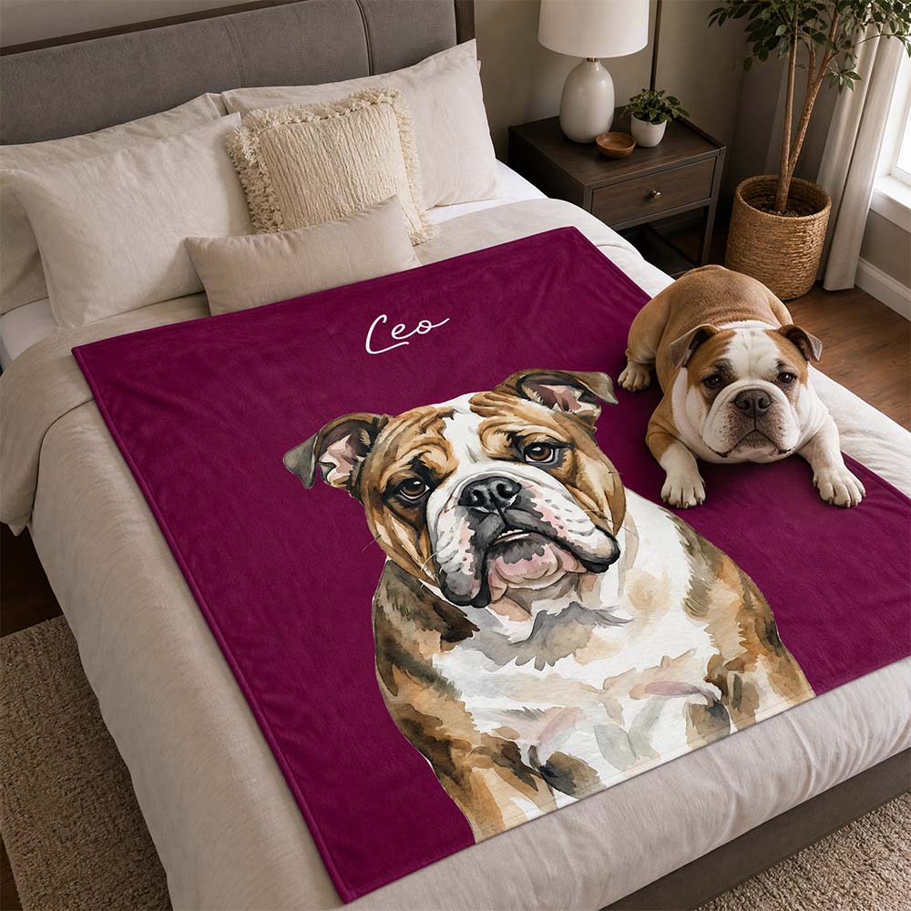 Personalized Watercolor Style Pet Portrait Flannel Blanket Featuring Dog Cat Photo Custom Name Pet Memorial Gift for Pet Owners Lovers