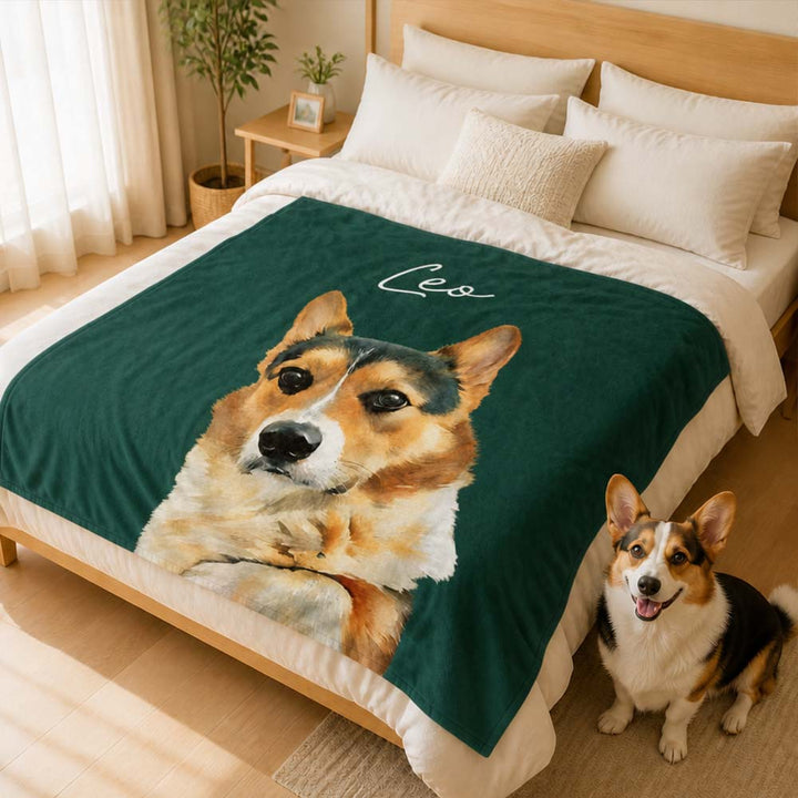 Personalized Watercolor Style Pet Portrait Flannel Blanket Featuring Dog Cat Photo Custom Name Pet Memorial Gift for Pet Owners Lovers